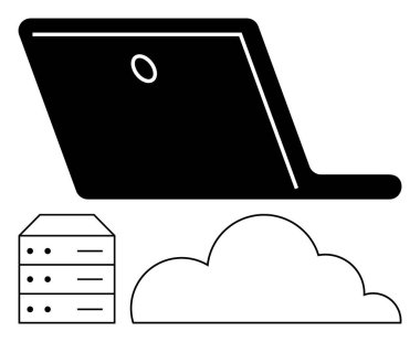 Bir sunucu ve buluta bağlı dizüstü bilgisayar veri depolamayı, bulut hesaplamasını ve uzaktan erişimi sembolize ediyor. Teknoloji, yenilik, ağ, işletme, bilişim altyapı veri paylaşımı için ideal