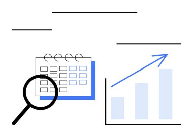 Takvim üzerinde büyüteç ve yukarı doğru ok çizelgesi. Planlama, analitik, üretkenlik, büyüme, veri görselleştirme, performans izleme, düz basit metafor için ideal