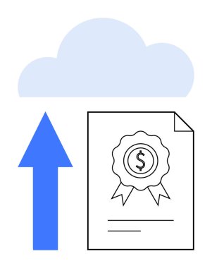 Üzerinde bir dolar rozeti olan bir mali belgenin yanında yukarı doğru ok olan bir bulut. Bulut depolama, finans, veri güvenliği, dijital iş, çevrimiçi işlem, dosya paylaşımı, düz basit metafor