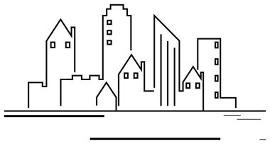 Değişik bina şekillerinin olduğu şehir silueti temiz bir sanat tarzında. Mimarlık, kentsel planlama, modern tasarım, gayrimenkul, şehir yaşamı, inşaat ve soyut kavramlar için idealdir. Basit.