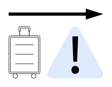Bavulu, ünlem işaretinin yanında üçgen ve yön okuyla yuvarlıyorum. Seyahat güvenliği, dikkat, bagaj yönetimi, yolculuk hazırlığı, ulaşım riski, seyahat rehberi, düz basit