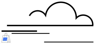 Hız sınırlarının üzerinde minimalist siyah çizgili bulut ve uygulama logolu bir alışveriş çantası. Bulut depolama, e-ticaret, veri yönetimi, çevrimiçi alışveriş, uygulama geliştirme, ölçeklenebilirlik için ideal