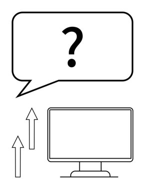 Konuşma baloncuğundaki soru işareti ekranın üzerinde ve yukarı doğru oklarda büyüme, araştırma ya da problem çözmeyi işaret ediyor. Eğitim, teknoloji, araştırma, büyüme, iletişim, beyin fırtınası için ideal