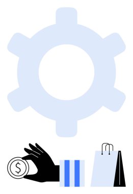 Alışveriş torbalı vites sembolü, el ele tutuşan bozuk para, çizgili ürün kutusu. Perakende, finans, e-ticaret, ticaret, pazarlama faaliyetleri için idealdir. Düz basit metafor