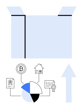 Kutu metaforunu aç ve bir ok yukarı ve birbirine bağlı görseller Bitcoin, ev, sertifika, pasta grafiği ve belgeyi işaret ediyor. Yenilik, finans, ekonomi ve büyüme yatırımları için ideal