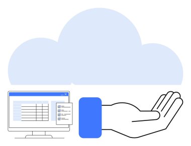 Bilgisayar ekranında bir veri tablosu, aşağıda açık bir el ve yukarıda erişilebilir bir çevrimiçi depolama ve paylaşımı sembolize eden büyük bir bulut görülüyor. Teknoloji, takım çalışması, bulut depolama, işbirliği için ideal