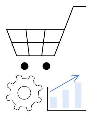 Alışveriş arabası ticareti, otomasyon ya da sistemi sembolize ediyor ve büyüme ya da başarıyı gösteren grafikler çiziyor. Ecommerce, iş stratejisi, otomasyon, büyüme analizi, pazarlama, perakende için ideal