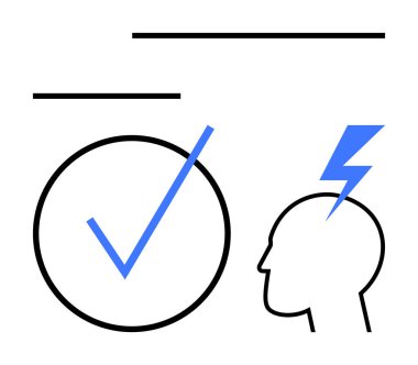 Tamamlandığını gösteren dairesel işaretler, yaratıcılık için yıldırımlı baş silueti. Hedefler, yenilikler, fikirler, verimlilik, kararlar, problem çözme beyin fırtınası için idealdir. Temiz daire