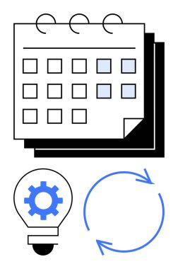 İşaretli günlerin takvimi, planlama ya da fikir öneren bir ampulün içindeki ekipman ve süreç devamlılığı için dairesel oklar. Üretkenlik, verimlilik, planlama, yenilik, iş akışı için ideal
