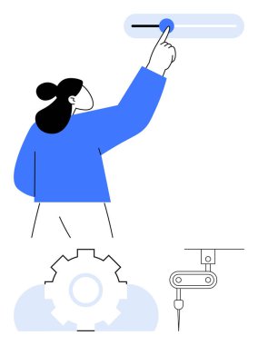 Kadın sürgülü vitese, kontrol ekipmanlarına ve otomasyonu, yeniliği ve işlem kontrolünü temsil eden mekanik aletlere işaret ediyor. Teknoloji, otomasyon, üretkenlik, yenilik ve süreç için ideal