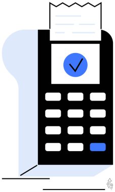 Tuş takımını gösteren ödeme terminali, eklenen makbuz ve başarılı ödemeyi gösteren mavi işaret. Finans, işlem, teknoloji, e-ticaret, perakende başarı sadeliği için idealdir. Düz