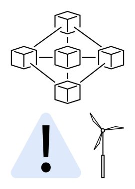 Blockchain tabanlı birbirine bağlı küpler, bir üçgende uyarı işareti ve bir rüzgar türbini. Enerji verimliliği, sürdürülebilirlik, engelleme zinciri, yenilenebilir enerji, teknoloji, veri için ideal