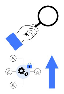 Büyüteçle büyüteç bağlantılı ağ kontrolü, asma kilit güvenliği simgeliyor. Yukarı ok büyümeyi, ilerlemeyi ifade eder. Takım çalışması, analiz, yenilik, güvenlik ve iş için ideal