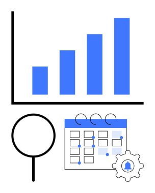Bar tablosu izleme büyümesi, detaylı analiz için büyüteç takvim planlama ve planlamayı temsil ediyor. Üretkenlik, strateji, analiz, analitik, organizasyon, veri genel değerlendirmesi için ideal