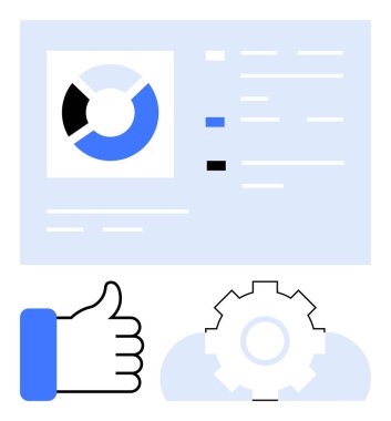 Veri metrikleri, baş parmak ikonu ve dişli sembolü analizi, başarıyı ve optimizasyonu temsil eden dairesel grafik. İş değerlendirmesi, takım çalışması, üretkenlik, geri bildirim planlama stratejisi için ideal
