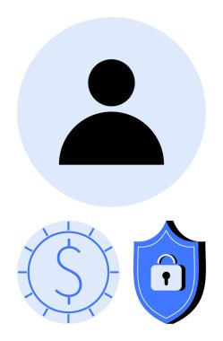 Kullanıcı profili simgesi, dolar sembolü ve asma kilitli kalkan kimlik, finans ve çevrimiçi güvenliği vurguluyor. Dijital güvenlik, kullanıcı verileri, bankacılık, finans koruma kimliği için ideal