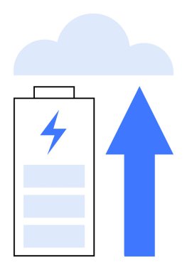 Yıldırımlı pil, yukarı doğru büyük bir ok, yenilenebilir enerji deposu öneren bulut ikonu, bulut bilgisayarı, veri transferi. Sürdürülebilirlik, teknoloji, enerji, temiz enerji verileri için ideal