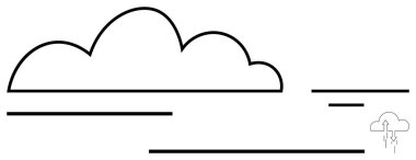 Yatay çizgileri olan geniş çizgili bulut ve uzak küçük bir roket fırlatması. Yenilik, teknoloji, dijital dönüşüm, minimalizm, bulut hesaplama, başlangıç, gelecek kavramlar için idealdir. Düz