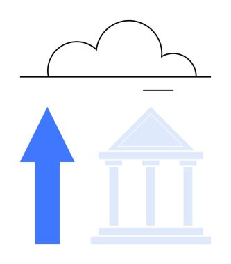 Yukarı doğru ok ile klasik binanın üzerinde bulut yeniliği, dijital dönüşümü ve kurumlardaki ilerlemeyi sembolize ediyor. Finans, teknoloji, eğitim, yönetim, modernite ve gelecek için ideal