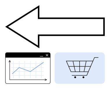 Solu gösteren büyük bir ok, yukarı bakan bir pencere, alışveriş arabası simgesi. İş, pazarlama, e-ticaret, analitik, strateji alışverişi için ideal. Düz basit metafor