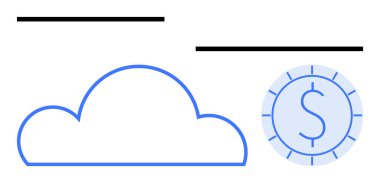 Mavi bulut çizgisi, üzerinde çizgi aksanları, maliyet verimliliği ve ekonomik dengeyi gösteren minimalist bir dolar madeni parasının yanında. Finans, teknoloji, bulut hizmetleri, tasarruflar, yatırım, dijital ekonomi için ideal