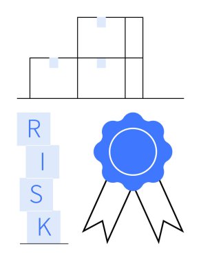 Mavi bir kurdele sembolünün yanına RISK yazılıyor. Risk değerlendirmesi, kalite güvencesi, tedarik zinciri, sertifika, planlama, karar analizi, soyut düz metafora odaklan