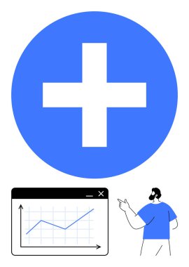 Büyük mavi haç pozitifliği, yukarı doğru eğilimli çizgi grafiği ve adam işaret ediyor. İş büyümesi, pozitiflik, başarı, ilerleme, mali hedefler, sağlık konuları için ideal