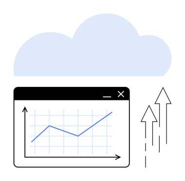 Yukarı doğru ok eğilimleri ve bulutları olan bir tarayıcı penceresindeki grafikler. Bulut hesaplama, veri analizi, büyüme, yenilik, ilerleme, tahmin ve teknoloji kavramları için idealdir.