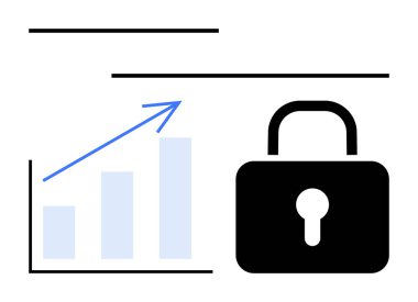 Büyük bir asma kilidin yanında büyümeyi gösteren yukarı doğru ok çizelgesi veri güvenliği, mahremiyet ve ilerlemeyi gösterir. Teknoloji, koruma, analitik, iş, başarı ve siber güvenlik için ideal