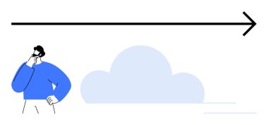 Mavi gömlekli adam büyük bir ok ve ince mavi bir bulut ararken düşünüyor. Büyüme, hırs, planlama, strateji, vizyon, ilerleme ve yenilik için idealdir. Düz basit metafor