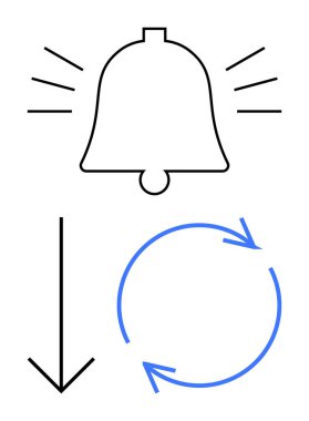 Ses dalgaları, aşağı doğru ok ve dikkat çekmek, güncellemek ya da tekrarlamak için dairesel oklar içeren çan simgesi. Uyarı, bildirim, hatırlatma güncelleme döngüsü akış şeması için ideal. Düz basit metafor