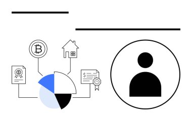 Bitcoin, emlak, sertifika, kullanıcı avatarı ve finansal çeşitliliği ve dijital kimlik entegrasyonunu sembolize eden belge grafiklerine bağlı turta grafiği. Finans ve teknoloji için ideal