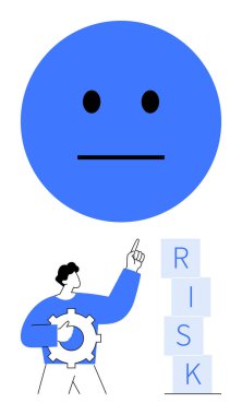 Yığılmış RISK bloklarını gösteren vites kutuları tutan kişinin üstündeki tarafsız mavi yüz. Risk analizi, karar verme, iş stratejisi, problem çözme, belirsizlik, takım çalışması, soyut düz çizgi