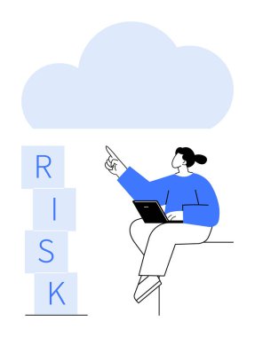Dizüstü bilgisayarla oturan şahıs istiflenmiş RISK bloklarının üstündeki bulutu işaret ediyor. Risk değerlendirmesi, karar verme, bulut hesaplama, planlama, analiz, yenilik, soyut çizgi düz
