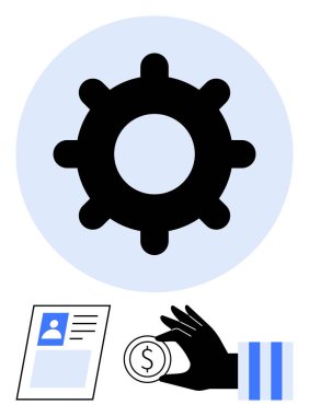Dişlileri sembolize eden süreç, madeni parayı temsil eden el ele tutuşmalar, ve kimliği belirten kimlik kartları. İşletme, işlem yönetimi, İK, finans, ekonomi yenilik ekip çalışması için idealdir. Düz basit