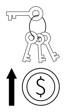 Anahtarlar çözümleri simgeler, dolar para zenginliği simgeler, yukarı ok ise büyümeyi simgeler. Finans, yatırım, ticari başarı, tasarruf, fırsat yönetimi ekonomik ilerleme için idealdir. Düz