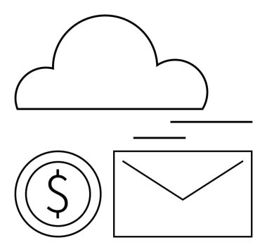 Zarfın üzerindeki bulut ve dolar para dijital depolamayı, çevrimiçi işlemleri, e-ticareti, veri alışverişini ve finansal iletişimi simgeliyor. Finans, iş, bulut hizmetleri e-postaları için ideal