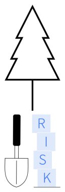 Yığılmış RISK bloklarının yanında küreği olan basit bir ağaç. Risk yönetimi, büyüme, strateji, karar verme, yenilik, zorlukların üstesinden gelme, soyut düz metafor için ideal