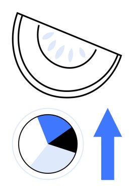 Citrus dilimi, kesitli pasta grafiği ve yukarı doğru ok büyümeyi, ilerlemeyi, sağlığı ve yeniliği simgeliyor. Pazarlama, iş başarısı, veri analizi için ideal taze fikirleri sağlıklı hale getirmek