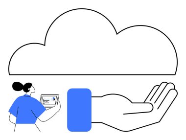 İnsan eli ile dev bulut platform erişimi sunuyor, dizüstü bilgisayarla meşgul olan kadın. Bulut bilgisayarı, dijital destek, işbirliği, yenilik, çevrimiçi depolama, veri paylaşımı, düz basit