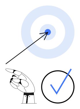 Robotik el gösterimi, hedefe isabet eden ok mavi işaret, başarıyı onaylıyor. Teknoloji, doğruluk, odaklanma, kesinlik, yenilik ve doğrulama için idealdir. Düz basit