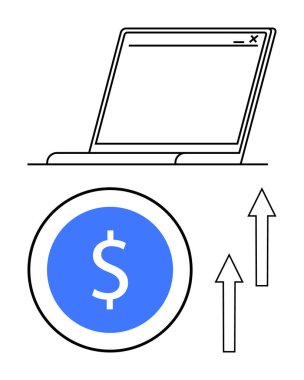Dizüstü bilgisayarda mavi para ve yükselen oklar var. Finansal büyümeyi, çevrimiçi geliri ya da dijital başarıyı gösteriyor. Teknoloji, iş dünyası, ekonomi, finans, e-ticaret, yatırım için ideal