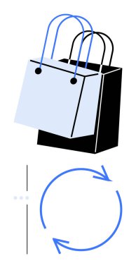 Aşağıdaki iki alışveriş torbası ve dairesel ok geri dönüşümü, yeniden kullanımını veya sürdürülebilir uygulamaları gösteriyor. Çevre alışverişi, sürdürülebilirlik, e-ticaret, çevre bilinci, atık azaltma için ideal