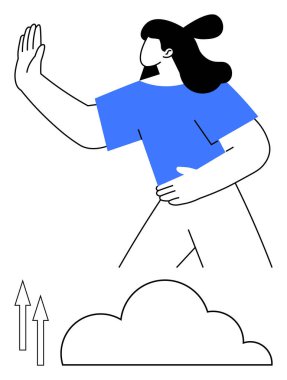 Yukarı bakan oklarla ileri doğru hareket eden cesur figür ve aşağıdaki bulut hırsı, ilerlemeyi, liderliği, güveni, motivasyonu, başarıyı, büyümeyi sembolize ediyor. Kariyer gelişimi için ideal, düz basit.