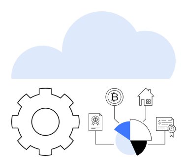 Bulut, pasta grafiği, Bitcoin, ev simgesi ve sertifikaların yanında vites sembolü. Finans, engelleme zinciri, teknoloji, analitik yatırım bulutu otomasyonu için ideal