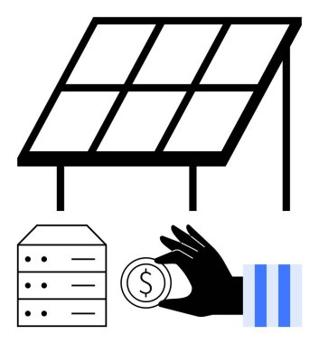 Güneş paneli enerji üreten, sunucu yığını, maliyet verimliliğini ve sürdürülebilirliği temsil eden bir madeni parayı tutan el. Enerji, teknoloji, finans, iklim, yenilik çevre dostu