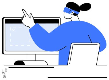 Sanal gerçeklikteki kadın dijital arayüzü olan bir monitöre el kol hareketi yapıyor. Teknoloji için ideal, sanal gerçeklik, yenilik, takım çalışması, eğitim, oyun, verimlilik. Düz basit metafor