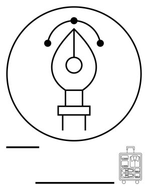 Hareket yolu noktaları olan bir daire içinde minimalist kalem ucu görünür içerikli küçük bir bavul. Yaratıcılık, tasarım, seyahat, markalaşma, yenilik, hareketlilik için ideal, düz basit metafor