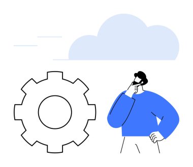 Üzerinde bulut olan büyük bir dişlinin yanında düşünceli bir duruş, problem çözme, yenilik ve süreç inceliğini temsil ediyor. Teknoloji, takım çalışması, beyin fırtınası ve strateji için ideal.