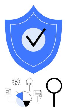 Korunmayı gösteren mavi bir kalkan. Pasta şeması, engelleme zinciri, ev kredisi, sertifika ve büyütme ile destekleniyor. Siber güvenlik, fintech, veri analizi engelleme zinciri için ideal